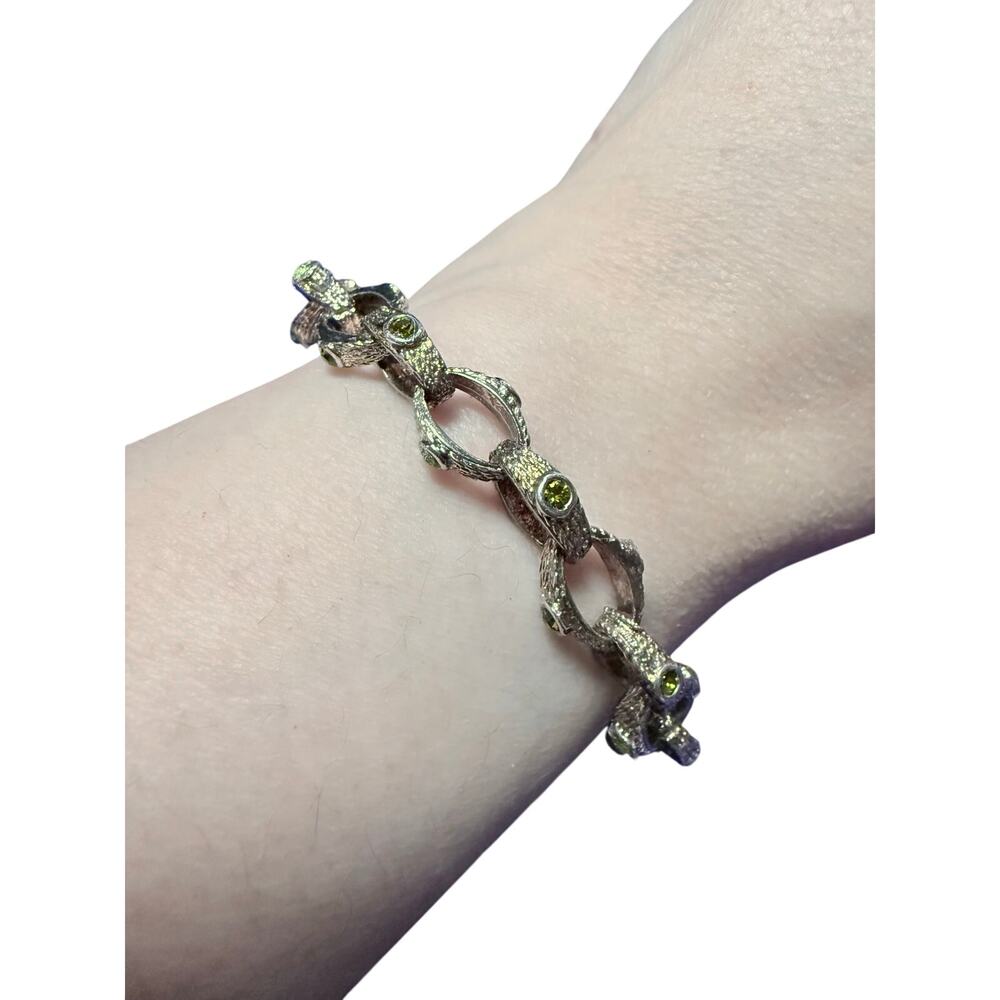 Vintage 1970s Brutalist Woodland Link Bracelet Green Rhinestones 8.5”